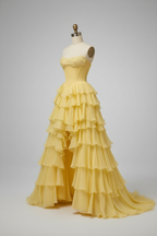 Yellow Tiered Ruffle High Low Ball Gown With Floral Corset And 3D Appliques