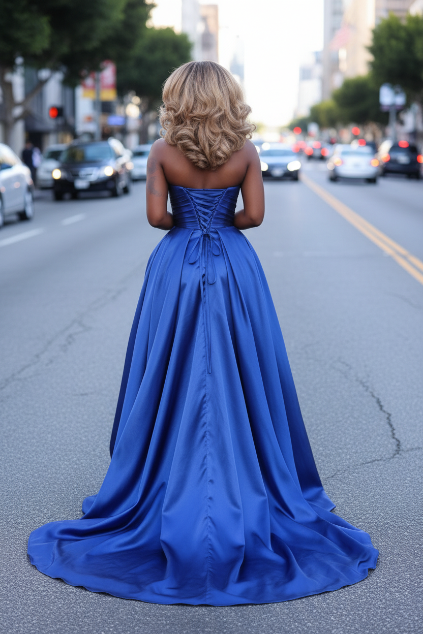 Royal Blue Satin Gown With Detachable Overskirt And High Slit