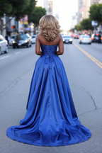 Royal Blue Satin Gown With Detachable Overskirt And High Slit