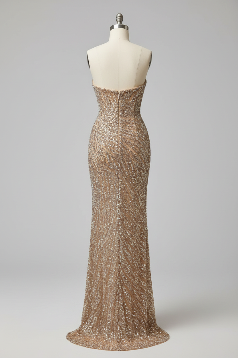 Champagne Gold Strapless Beaded Ruched Fitted Evening Gown With High Slit