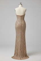 Champagne Gold Strapless Beaded Ruched Fitted Evening Gown With High Slit