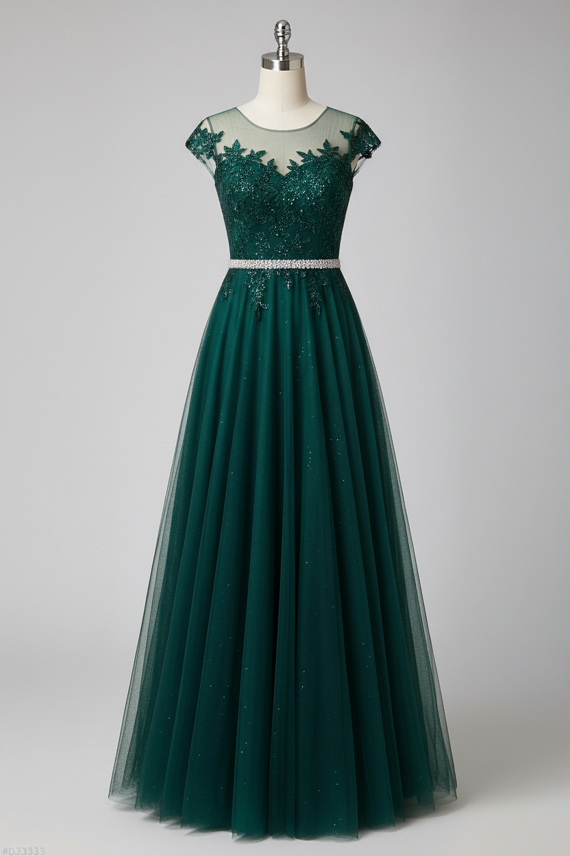 Elegant Illusion Neckline A Line Evening Dress With Beaded Belt