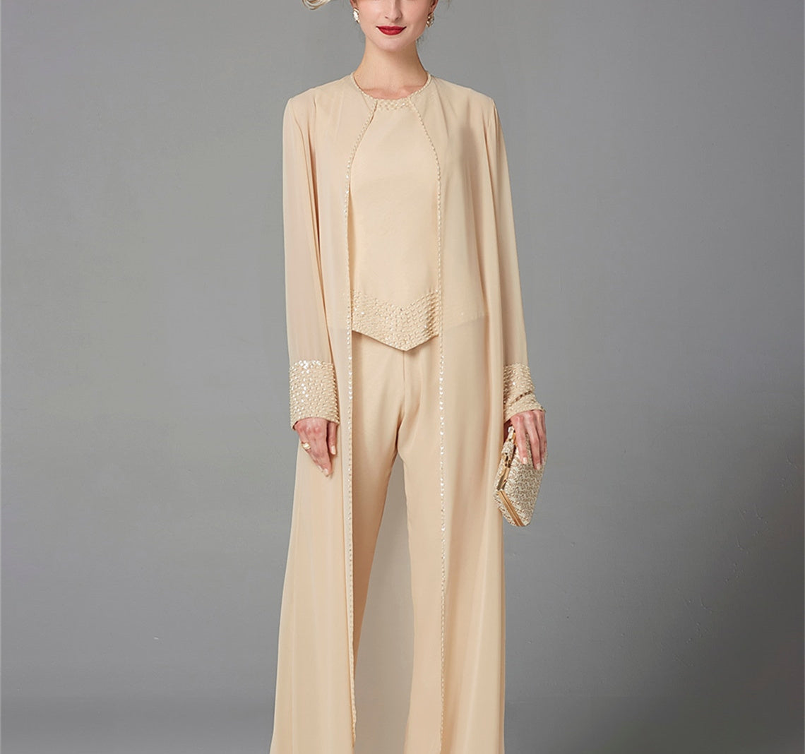 Mother Of The Bride Pantsuit With Jacket And Sequins Long Sleeve Chiffon