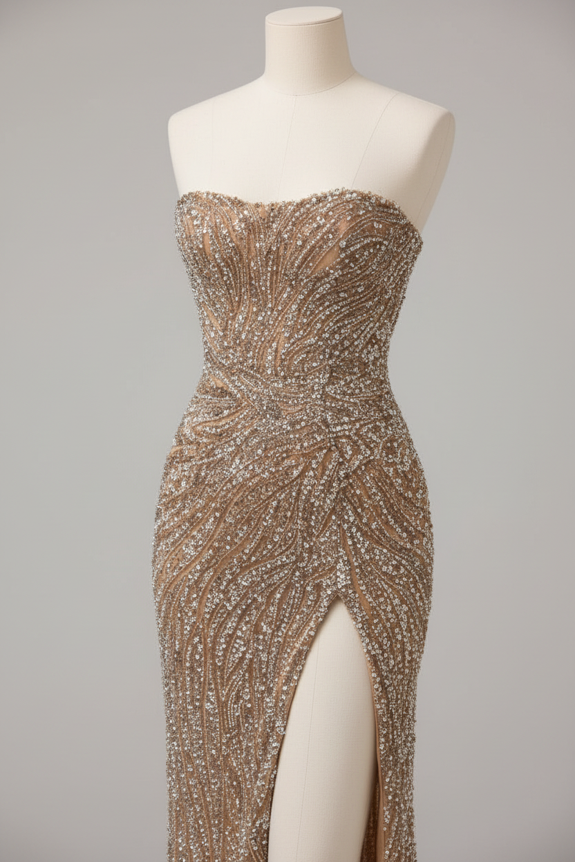 Champagne Gold Strapless Beaded Ruched Fitted Evening Gown With High Slit
