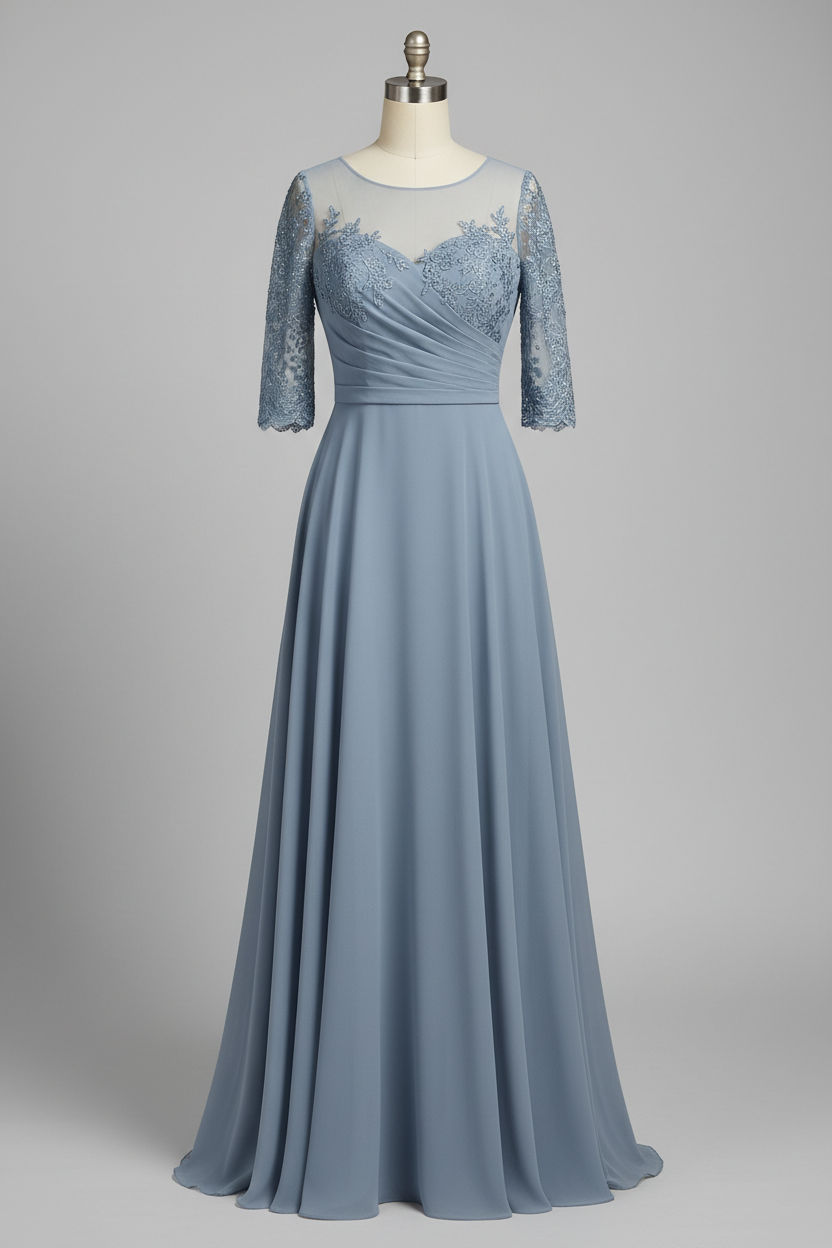 Gray Lace Three Quarter Sleeve A Line Mother Of The Bride Dress 20 Colors