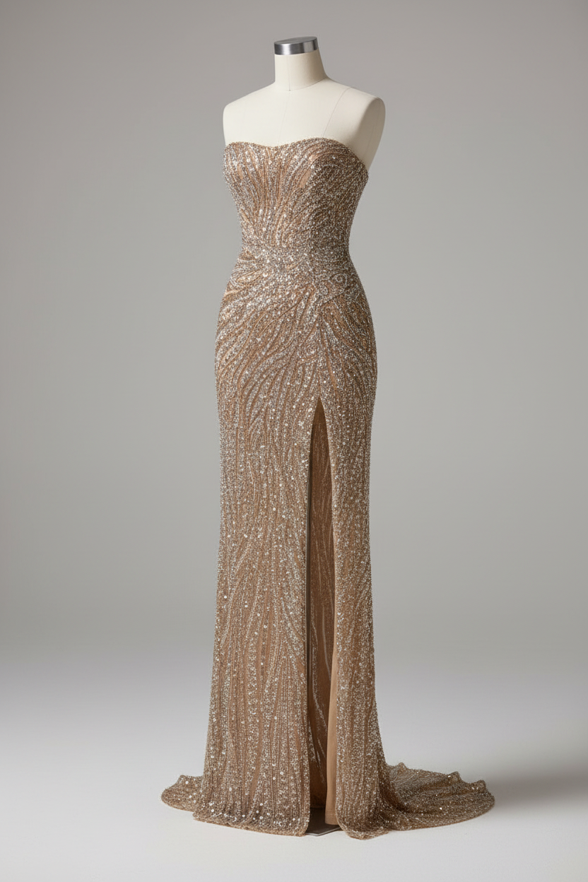 Champagne Gold Strapless Beaded Ruched Fitted Evening Gown With High Slit