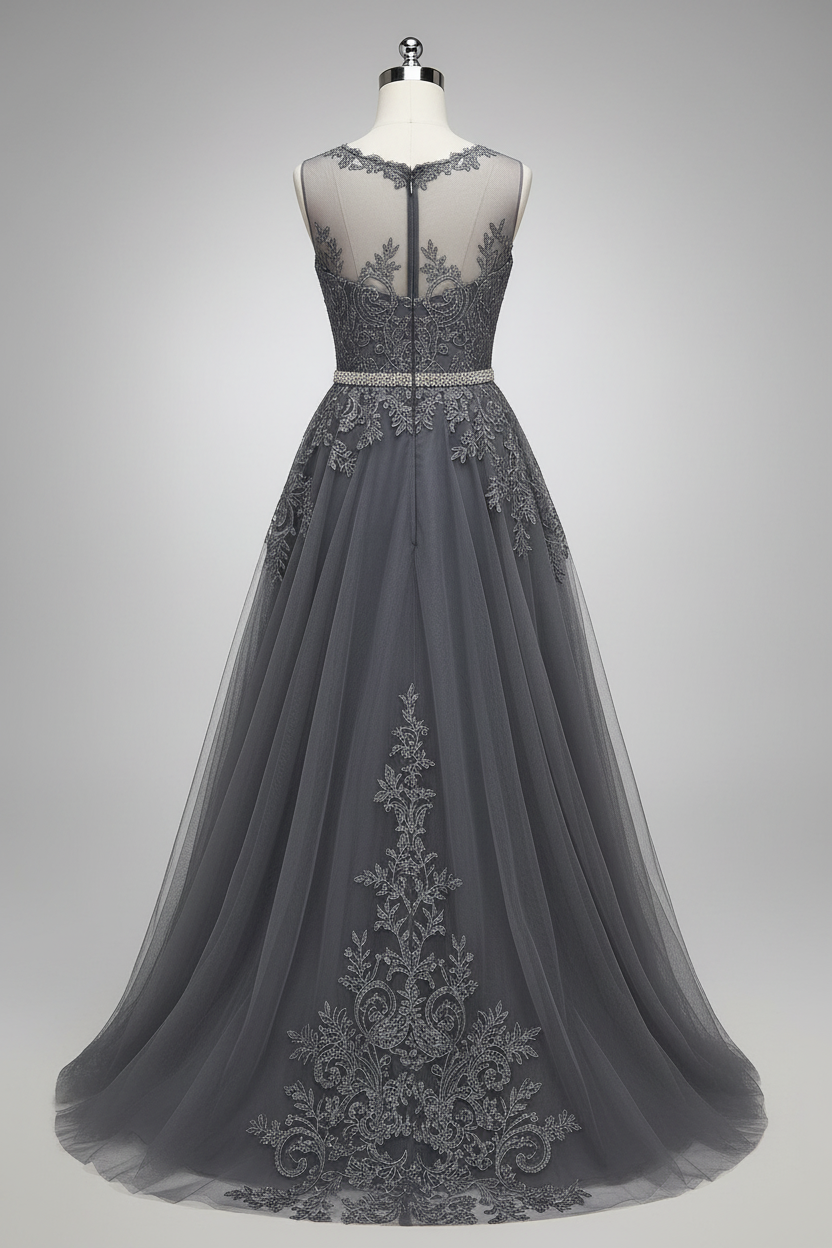 Elegant Illusion Neckline A Line Evening Dress With Beaded Belt