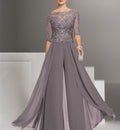 Ankle Length Mother Of The Bride Chiffon Pantsuit With Lace And Jewel Neckline