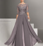 Ankle Length Mother Of The Bride Chiffon Pantsuit With Lace And Jewel Neckline