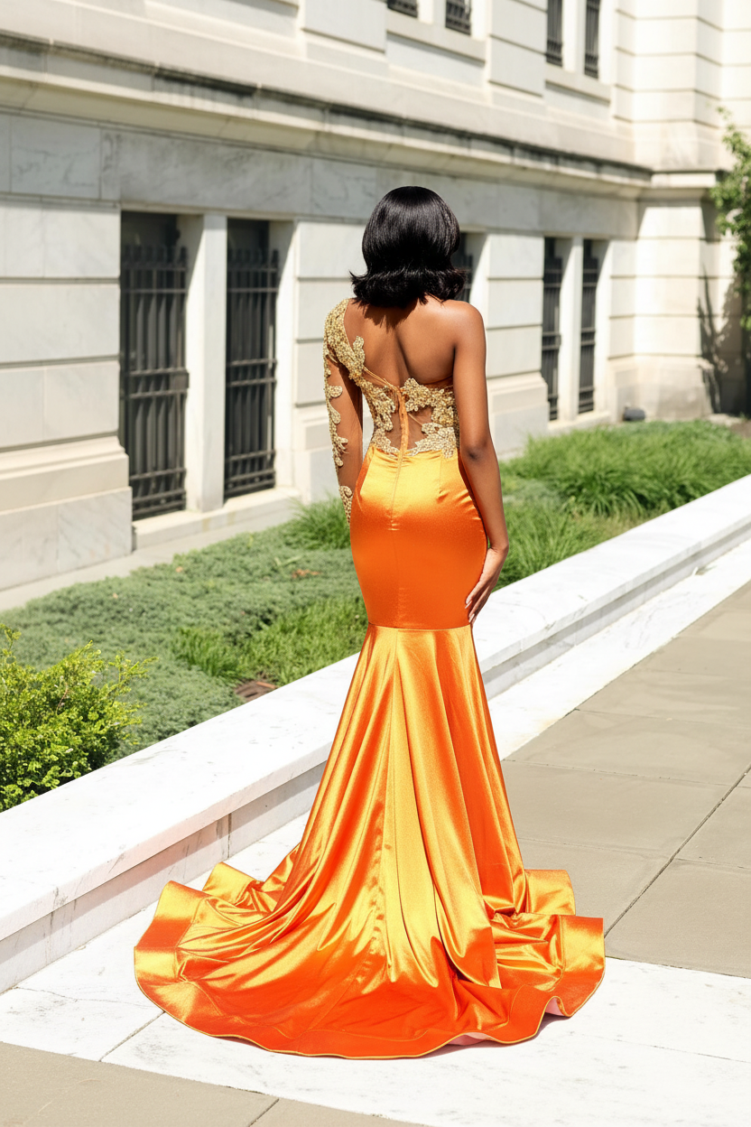 Orange Ombre Satin Mermaid Gown One Shoulder Lace Appliques Illusion Bodice