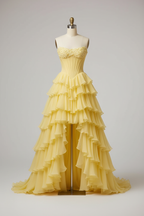 Yellow Tiered Ruffle High Low Ball Gown With Floral Corset And 3D Appliques