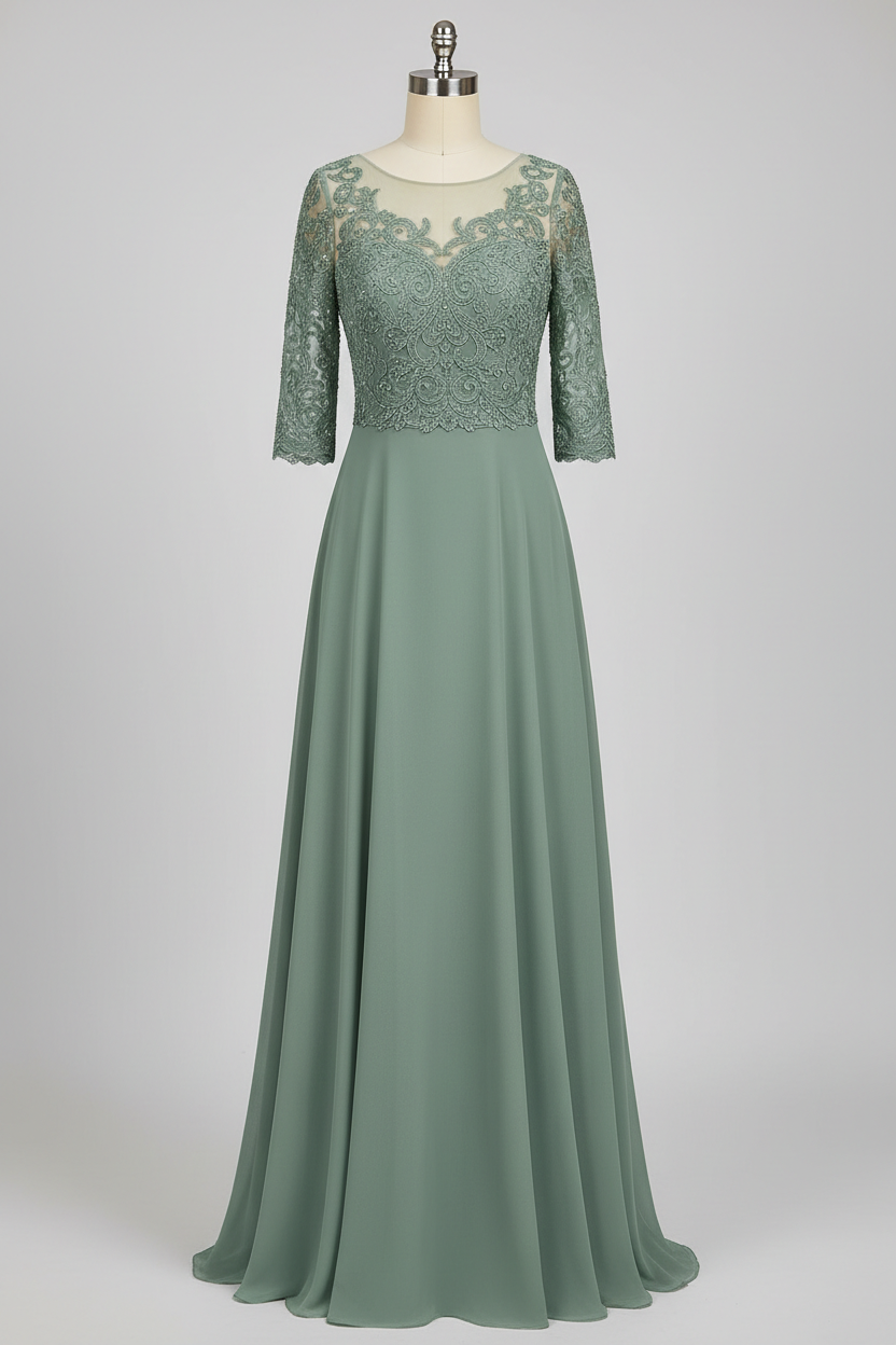Gray Lace Three Quarter Sleeve A Line Mother Of The Bride Dress 20 Colors