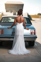 White Strapless Beaded Silver Sequin Wave Mermaid Prom Dress Sheer Mesh Skirt