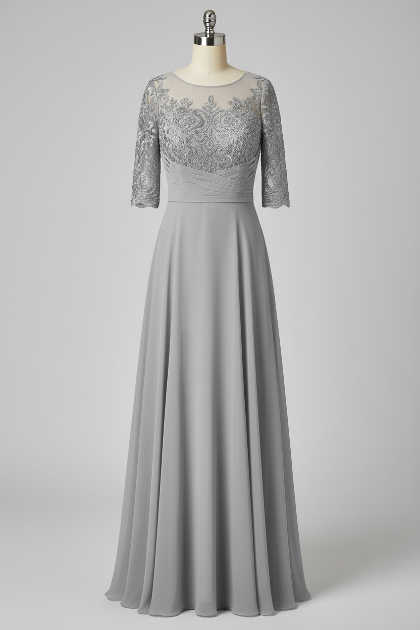 Gray Lace Three Quarter Sleeve A Line Mother Of The Bride Dress 20 Colors