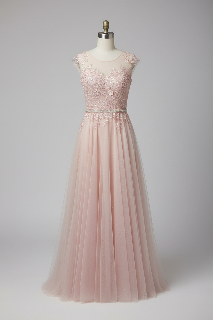 Elegant Illusion Neckline A Line Evening Dress With Beaded Belt