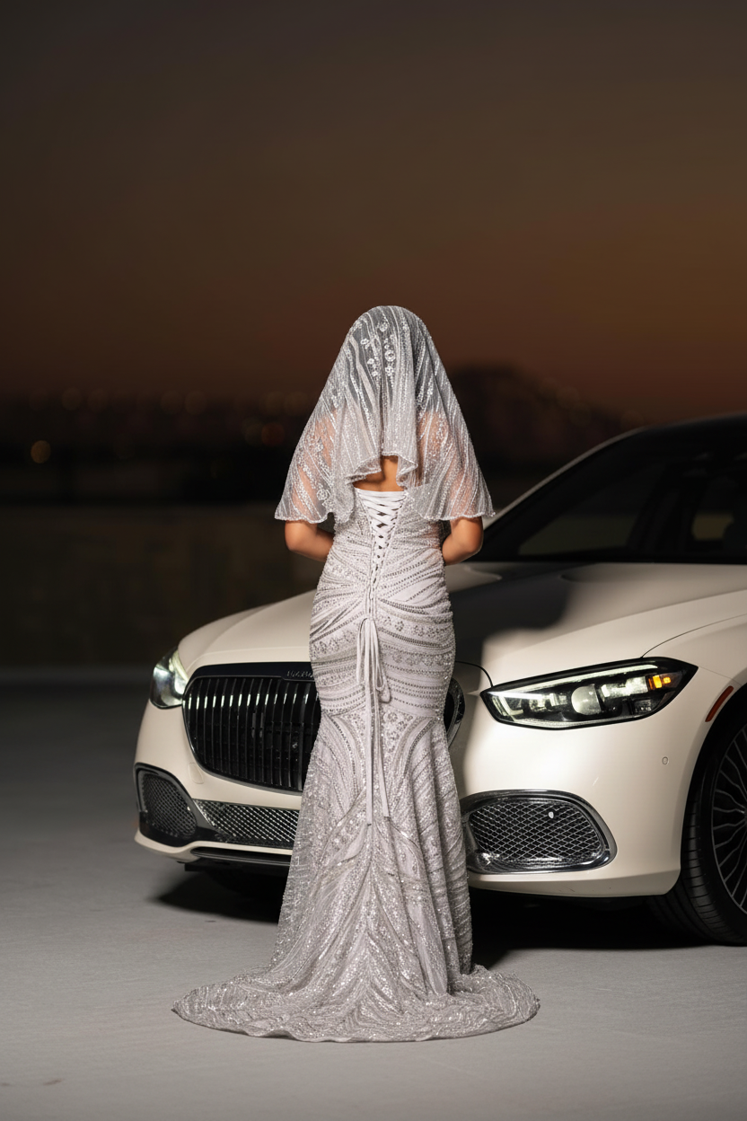 Silver Sequin Crystal Beaded Mermaid Prom Dress With Cape Veil