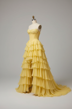 Yellow Tiered Ruffle High Low Ball Gown With Floral Corset And 3D Appliques