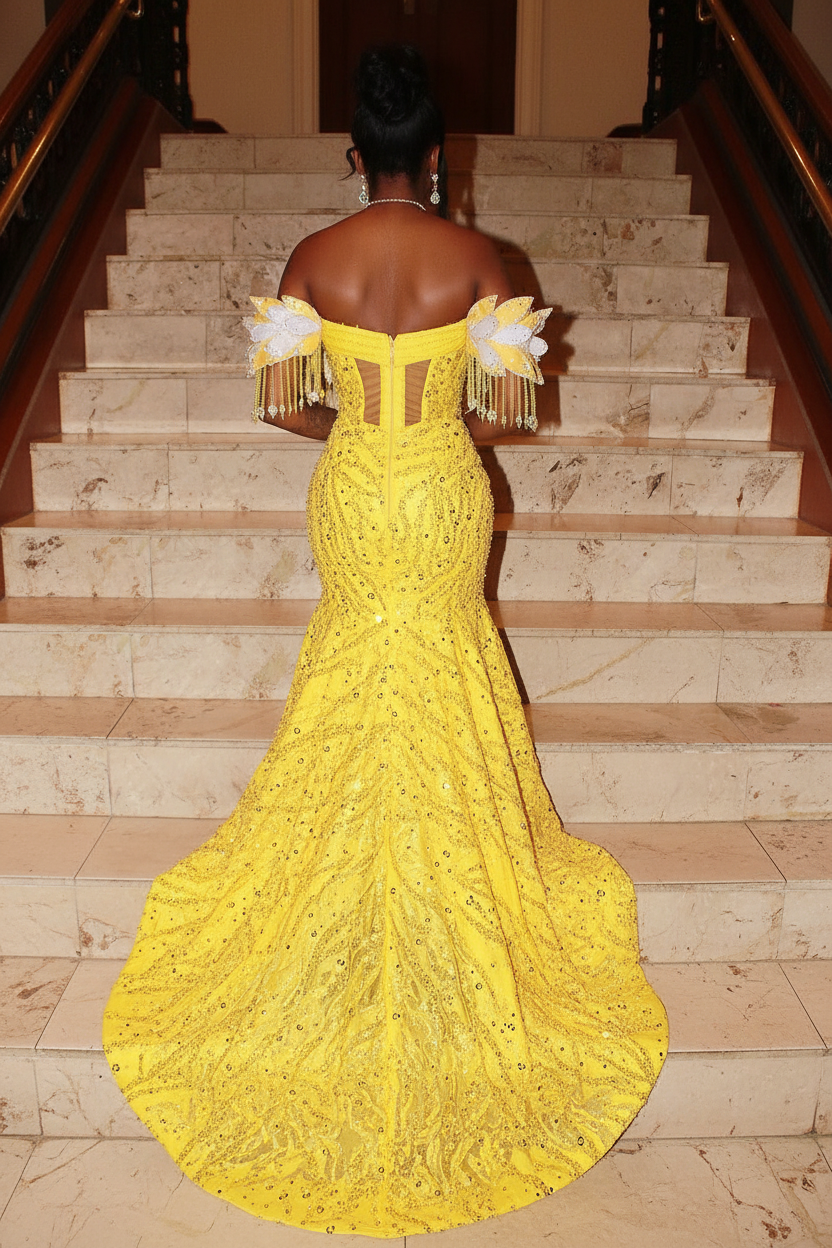 Golden Sunflower Off Shoulder Evening Gown White Floral Appliques Crystal Fringe