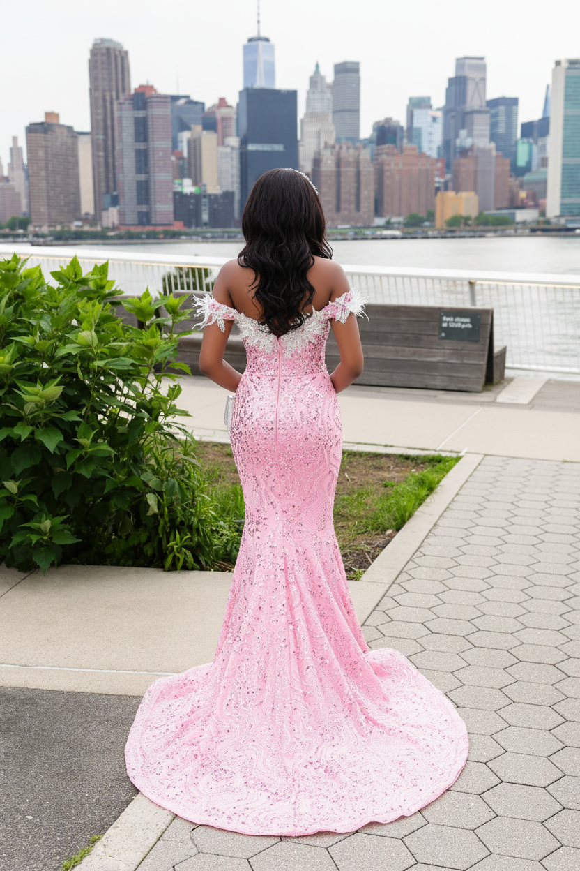 Blush Pink Off Shoulder Beaded Mermaid Gown With Appliques Cathedral Train
