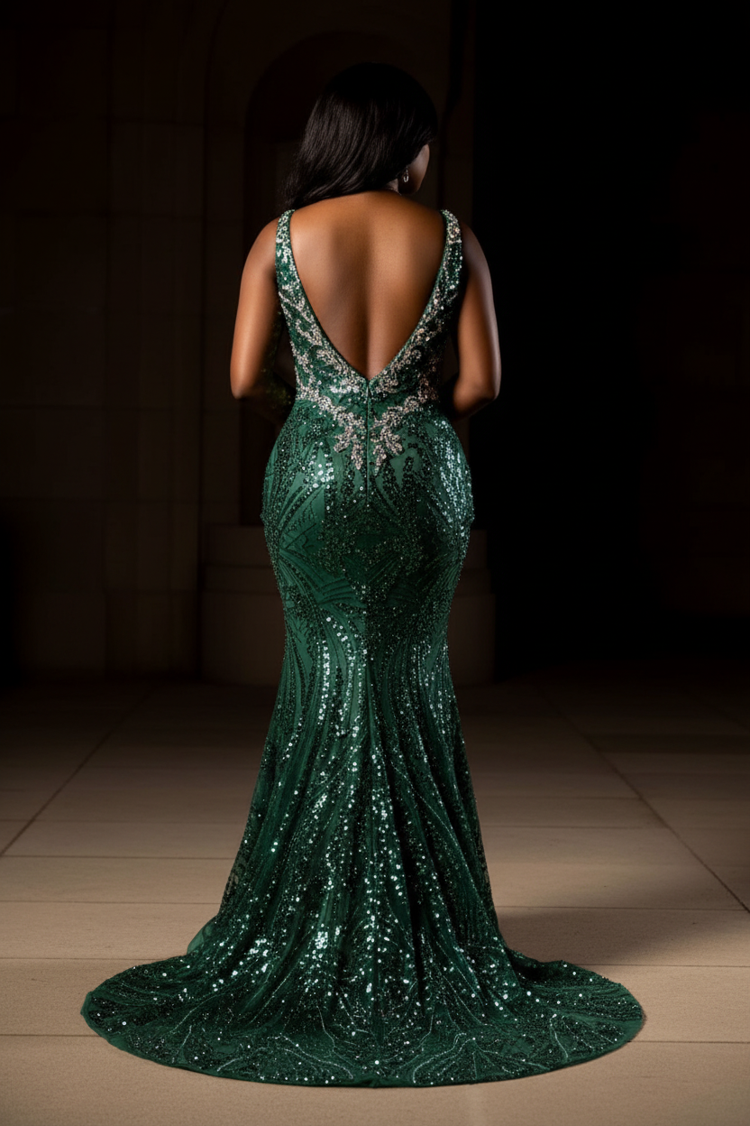 Emerald Green One Shoulder Sequin Beaded Mermaid Prom Dress