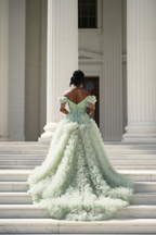 Mint Green Off Shoulder Sequin Beaded Prom Dress With 3D Leaf Applique Train