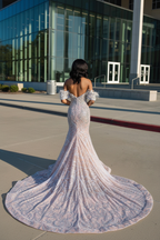 Silver Off Shoulder Sequin Beaded Mermaid Prom Gown With Floral Feathers
