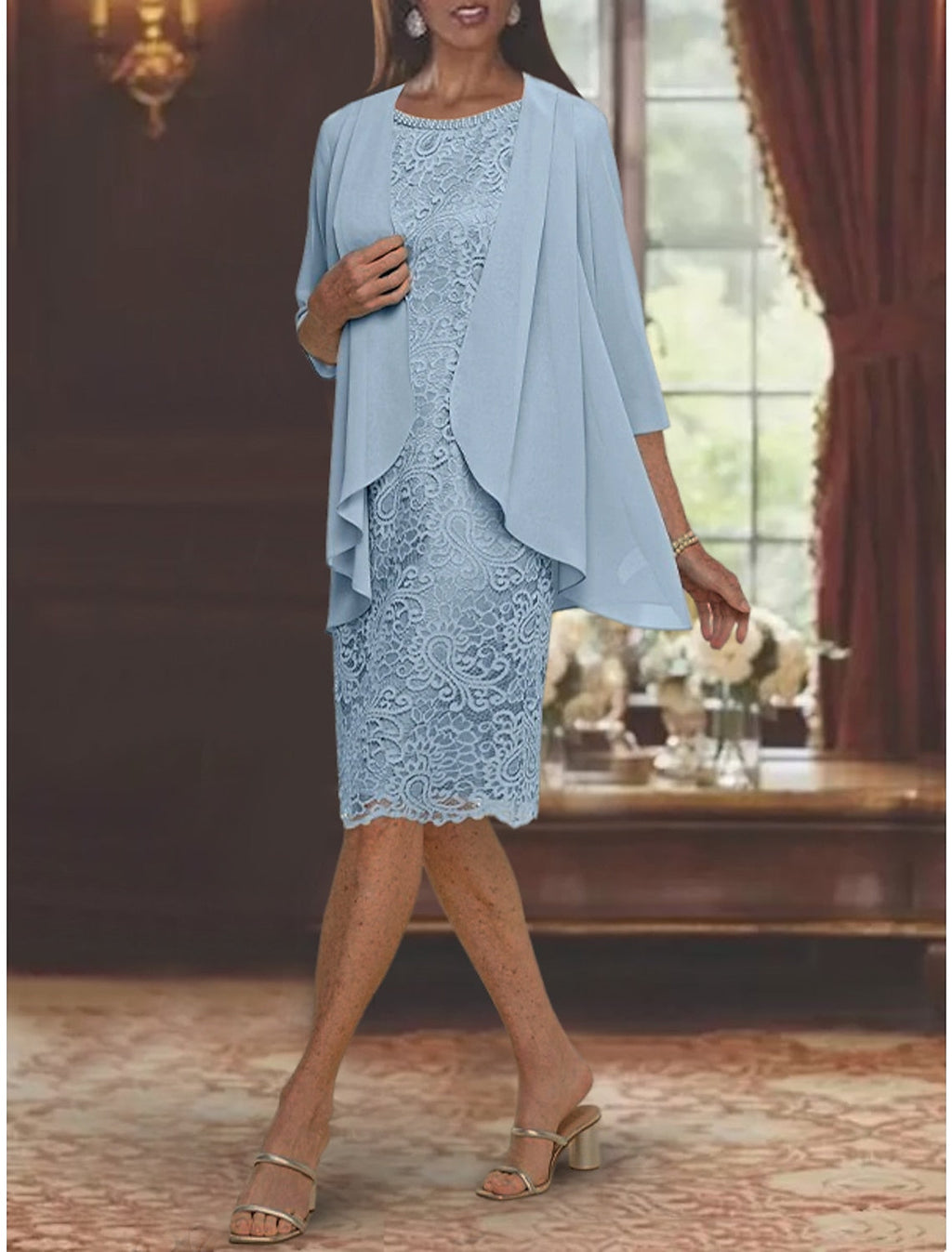 Tea Length Mother Of The Bride Dress Jewel Neck Sheath Column