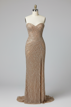 Champagne Gold Strapless Beaded Ruched Fitted Evening Gown With High Slit