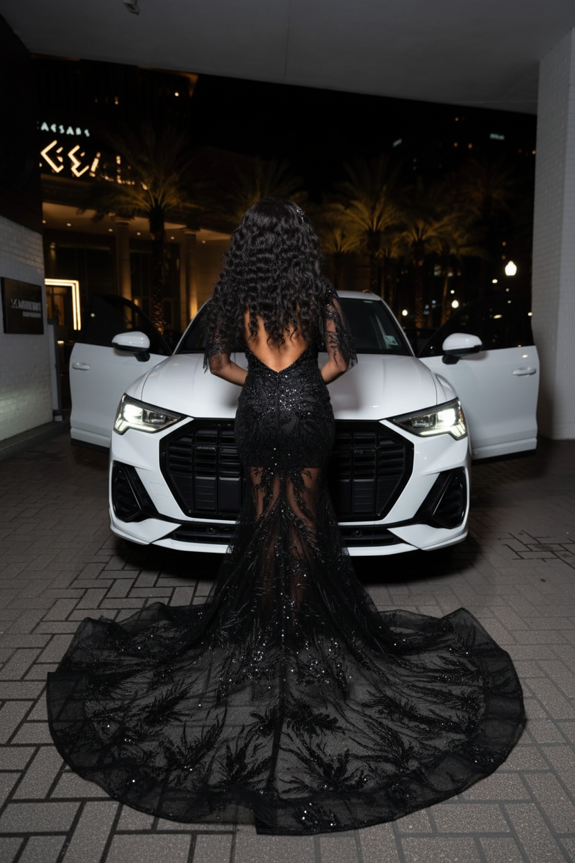 Black Swan Sequin and Feather Mermaid Gown Deep V Neckline Sheer Mesh Panels