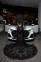 Black Swan Sequin and Feather Mermaid Gown Deep V Neckline Sheer Mesh Panels