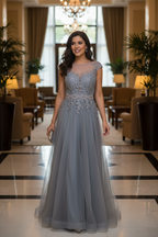 Elegant Illusion Neckline A Line Evening Dress With Beaded Belt