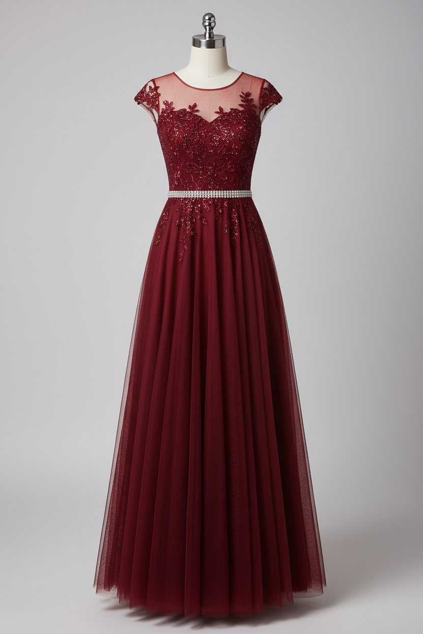 Elegant Illusion Neckline A Line Evening Dress With Beaded Belt