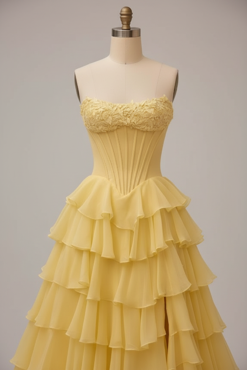 Yellow Tiered Ruffle High Low Ball Gown With Floral Corset And 3D Appliques