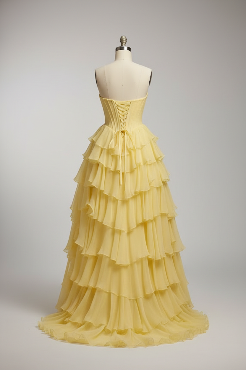 Yellow Tiered Ruffle High Low Ball Gown With Floral Corset And 3D Appliques