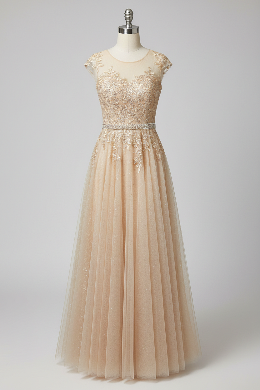 Elegant Illusion Neckline A Line Evening Dress With Beaded Belt