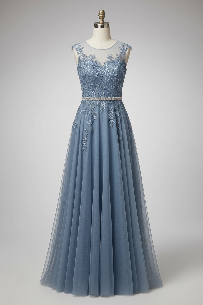 Elegant Illusion Neckline A Line Evening Dress With Beaded Belt