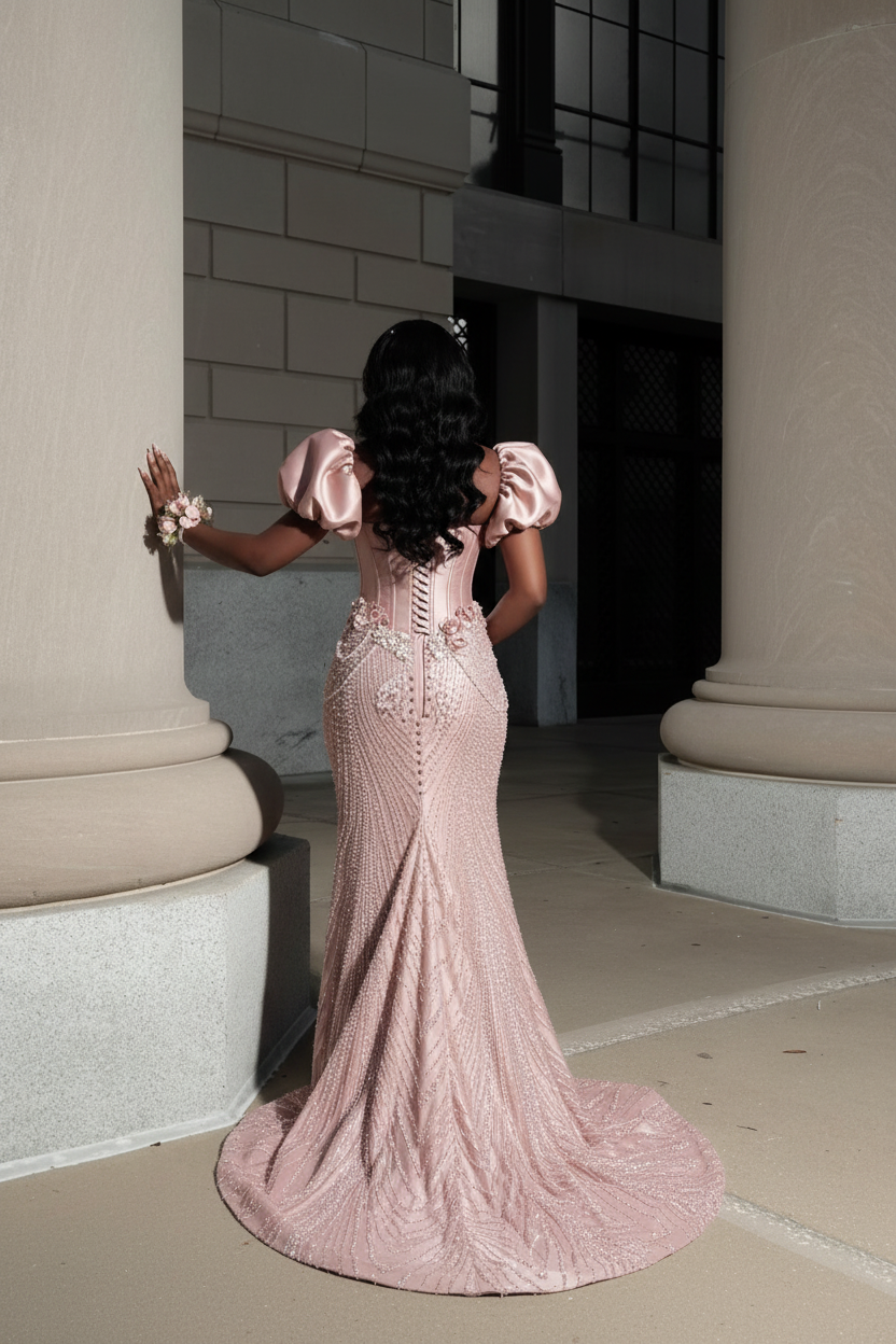 Blush Pink Pearl Beaded Corset Mermaid Prom Dress With Detachable Sleeves