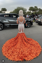 Orange Flame Crystal Beaded Mermaid Prom Dress With Massive 3D Petal Train