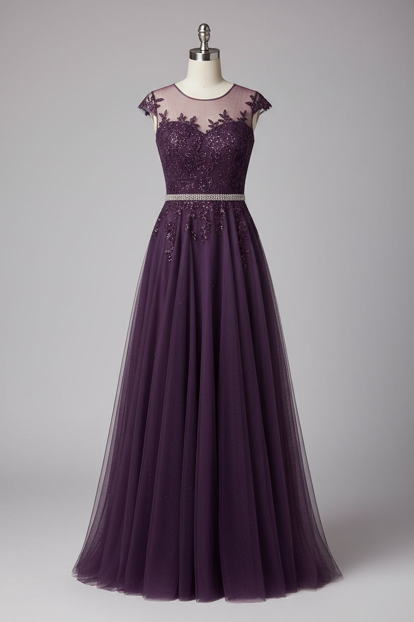 Elegant Illusion Neckline A Line Evening Dress With Beaded Belt