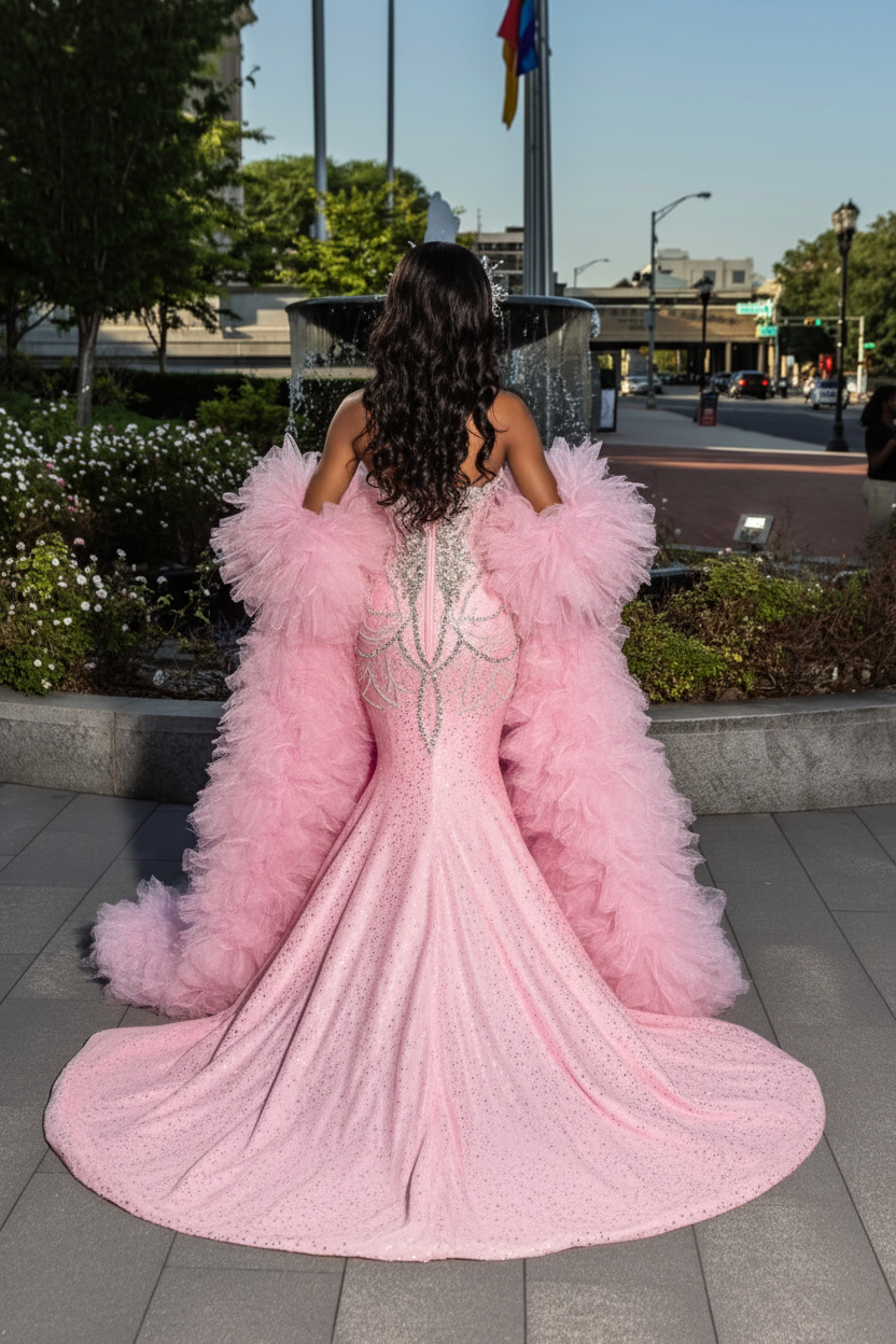 Blush Pink Mermaid Gown With Crystal Beaded And Tulle Overskirt