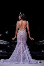 Lavender Mermaid Prom Dress Sheer Sequin Beaded Crystal Fringe Gown