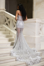 Silver Feather Crystal Beaded Illusion Evening Gown Sweetheart Neckline High Slit