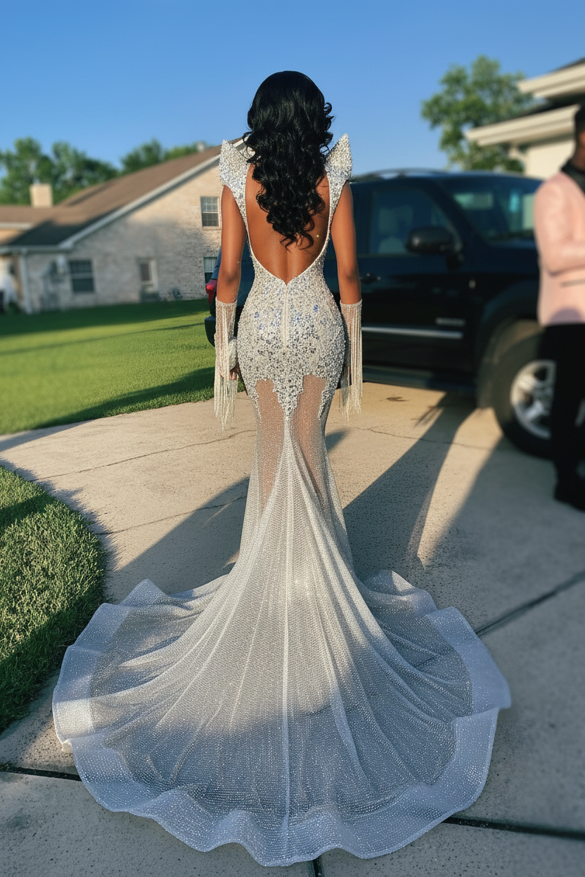 Silver Ice Crystal Beaded Mermaid Gown With Deep V Neck And Cascading Fringe