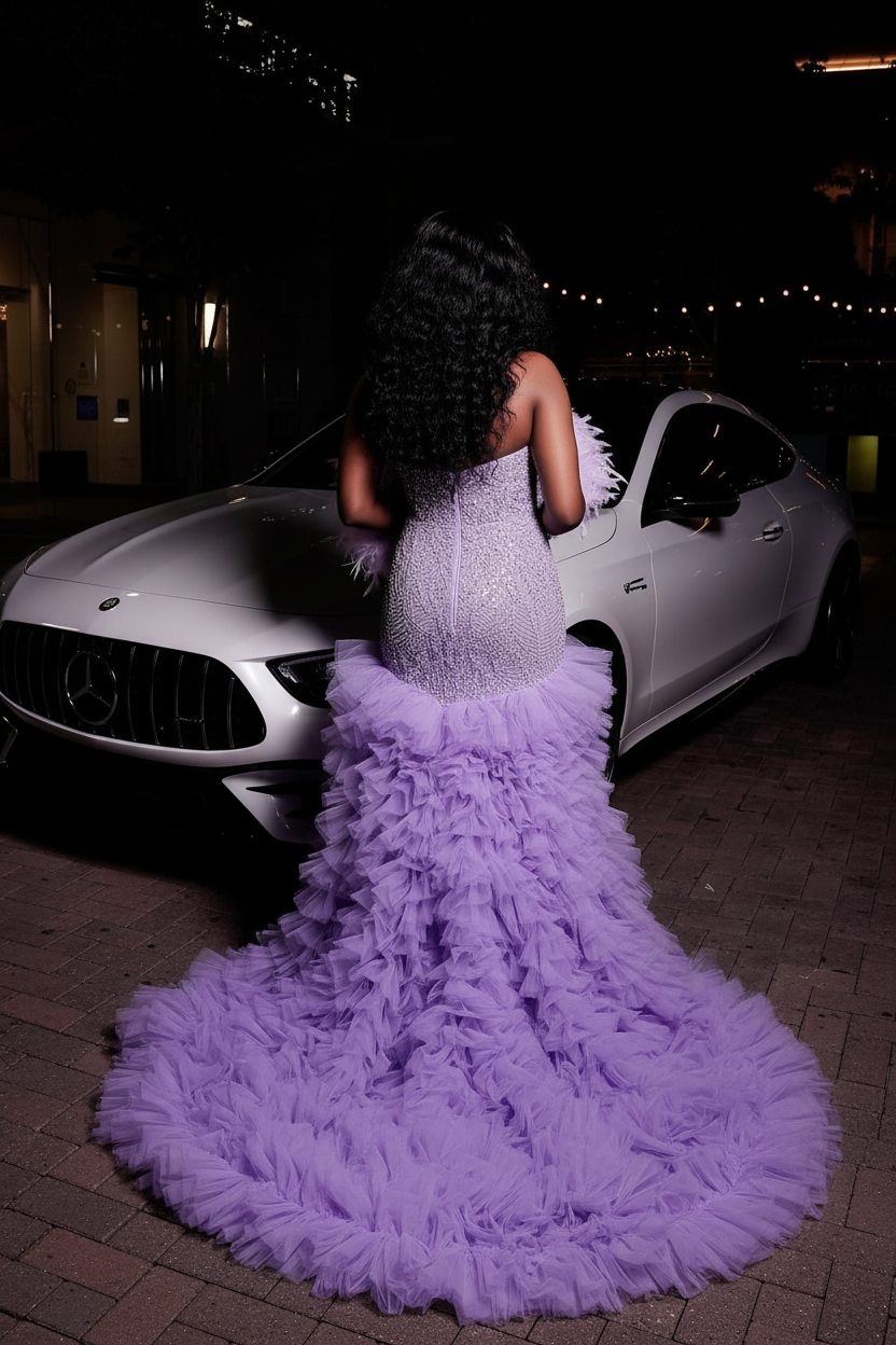 Lavender Purple Crystal Mermaid Gown Sweetheart Neckline And Feather Sleeves