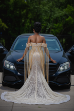 Champagne Gold Beaded Mermaid Gown Off Shoulder Dramatic Fringe Cape Mesh Panels