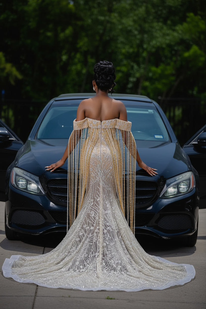 Champagne Gold Beaded Mermaid Gown Off Shoulder Dramatic Fringe Cape Mesh Panels