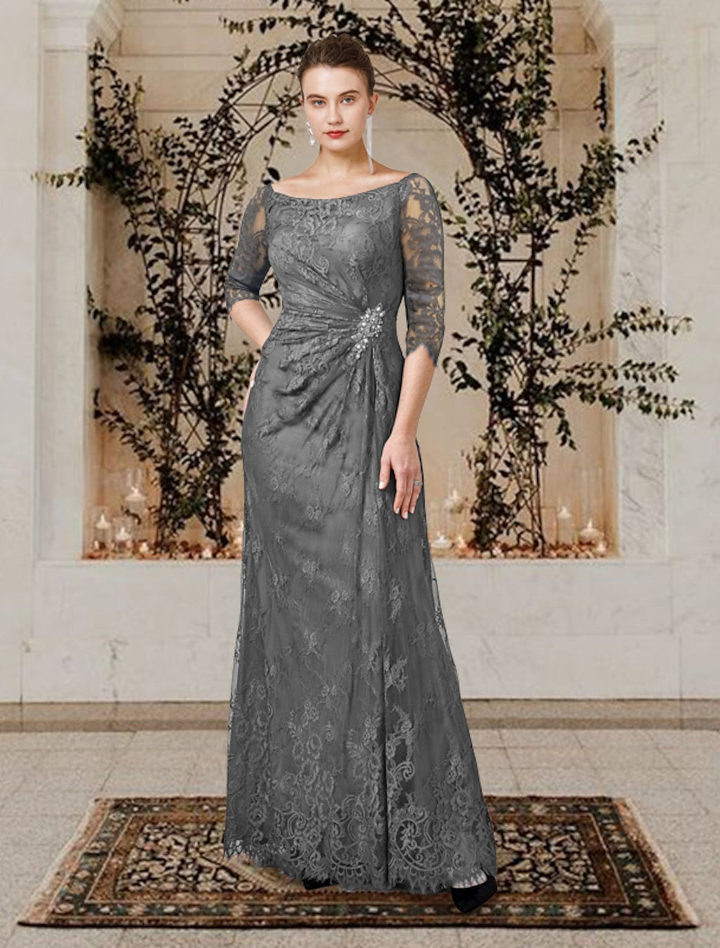 Floor Length A Line Princess Gown For Mother Of The Bride Jewel Neckline