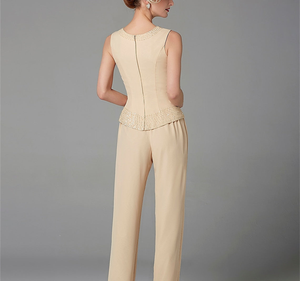 Mother Of The Bride Pantsuit With Jacket And Sequins Long Sleeve Chiffon