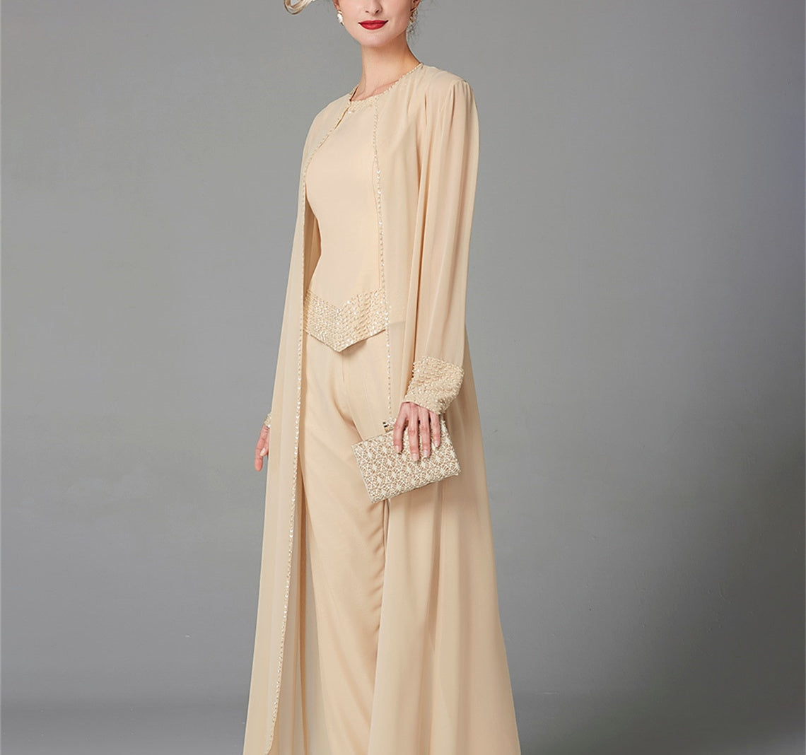 Mother Of The Bride Pantsuit With Jacket And Sequins Long Sleeve Chiffon