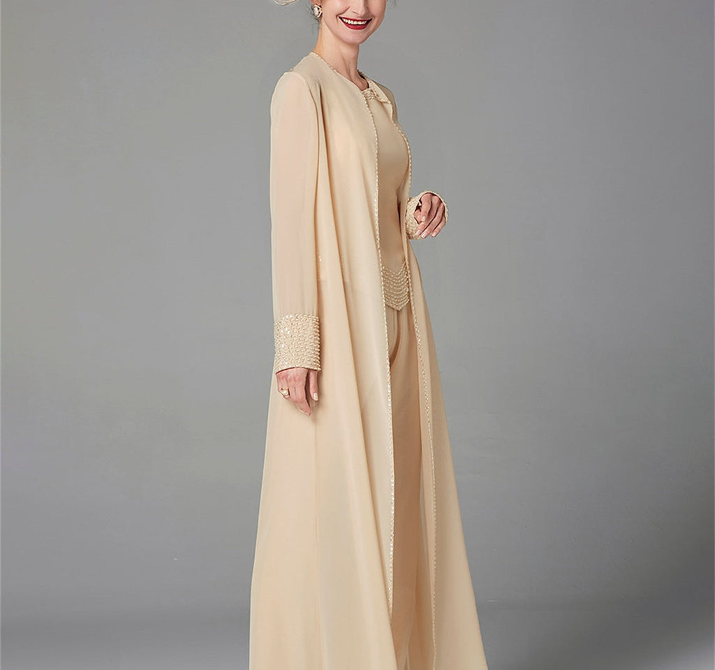Mother Of The Bride Pantsuit With Jacket And Sequins Long Sleeve Chiffon